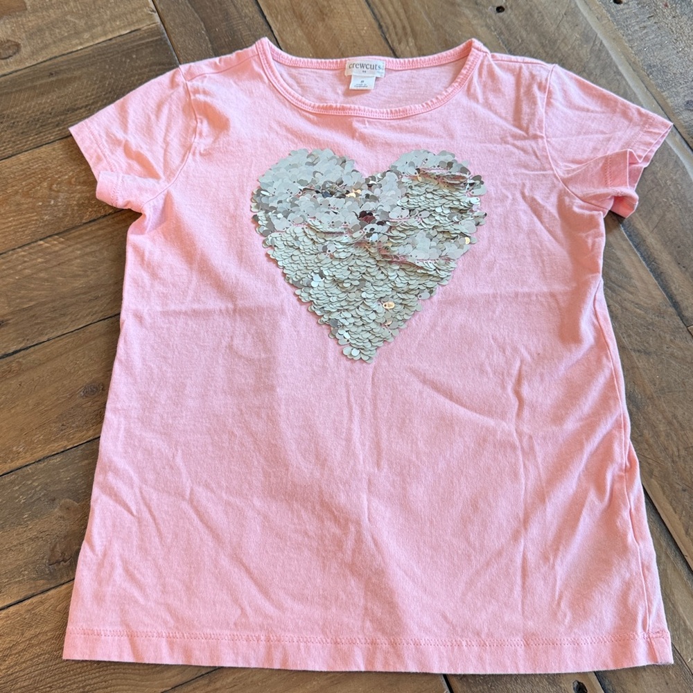 Crewcuts Girls T-Shirt Cotton Peachypink Gold Sequins Heart Short Sleeve size 8
